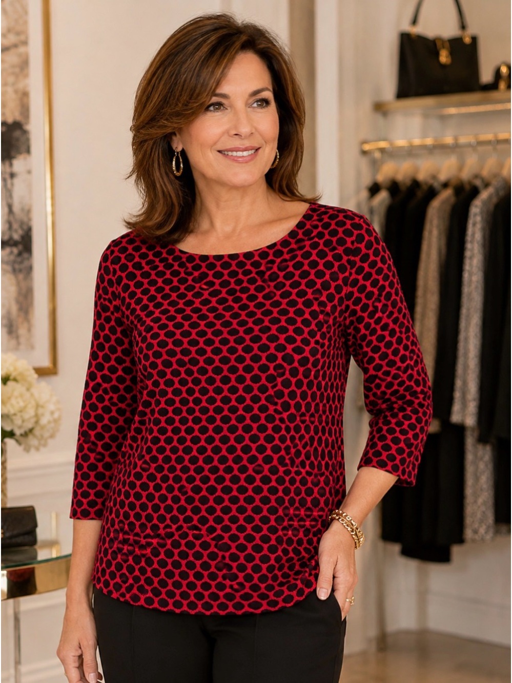 Kim Rogers Red and Black Polka Dot 3/4 Sleeve Top